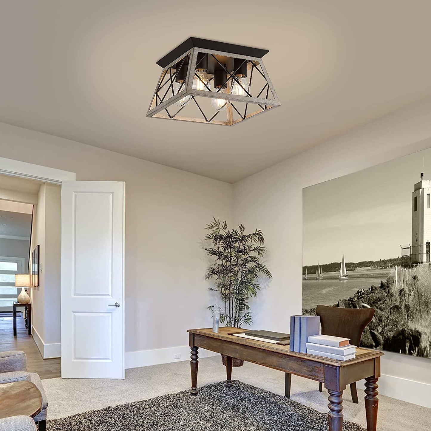 PREMIA HOMES Vintage Farmhouse Flush Mount Ceiling Light Fixture, 4-Light Oak White Semi-Flush Mount Lamp, Rustic Industrial Square Cage Ceiling Light for Dining Room Bedroom Entryway Hallway Kitchen