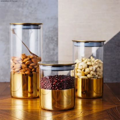 PREMIA HOMES Golden Transparent Glass Bottles, Candy Jars, Household Sealed Jars with Lids, Kitchen Food Storage Jars, Coffee Beans, Tea Jars