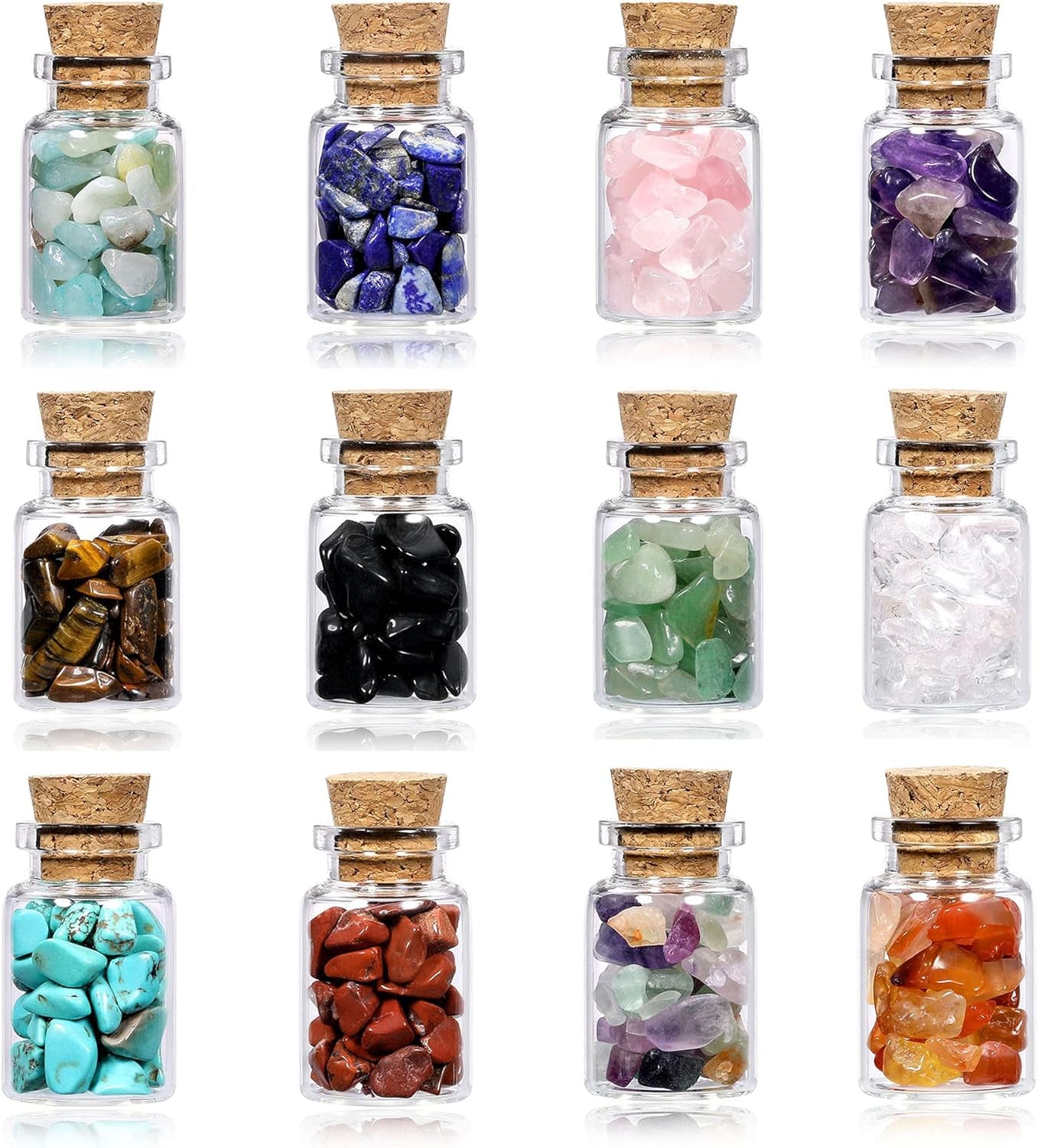 PREMIA HOMES 12 Crystal Gemstone Bottles Reiki Chip Crystals for Witchcraft Healing Tumbled Gem Wicca Stones Set with Gift Box for Meditation Home Decoration Christmas Gift (12Pcs)