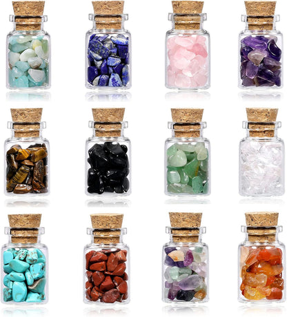 PREMIA HOMES 12 Crystal Gemstone Bottles Reiki Chip Crystals for Witchcraft Healing Tumbled Gem Wicca Stones Set with Gift Box for Meditation Home Decoration Christmas Gift (12Pcs)