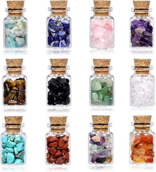 PREMIA HOMES 12 Crystal Gemstone Bottles Reiki Chip Crystals for Witchcraft Healing Tumbled Gem Wicca Stones Set with Gift Box for Meditation Home Decoration Christmas Gift (12Pcs)