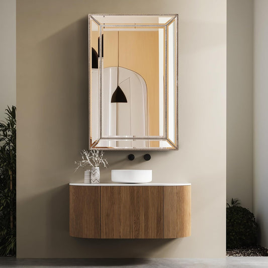 PREMIA HOMES Metro Vintage Beaded Texture Frame Beveled Wall Mirror | Modern Rustic Design with Elegant Champagne Finish - Vertical or Horizontal Mount - Ideal for Living Room, Bath & Bedroom - 20" X 32"