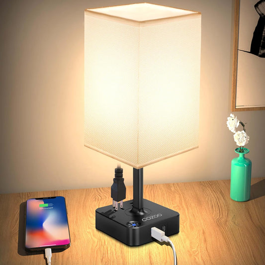 PREMIA HOMES  Table Lamp Dimmable  USB Bedside Table Desk Lamp with 2 USB Charging Port(A+C) 2 Outlet,Nightstand Lamp with Charger Base White Fabric Shade,Led Touch Lamp for Bedroom/Livingroom/Dorm/Home Office