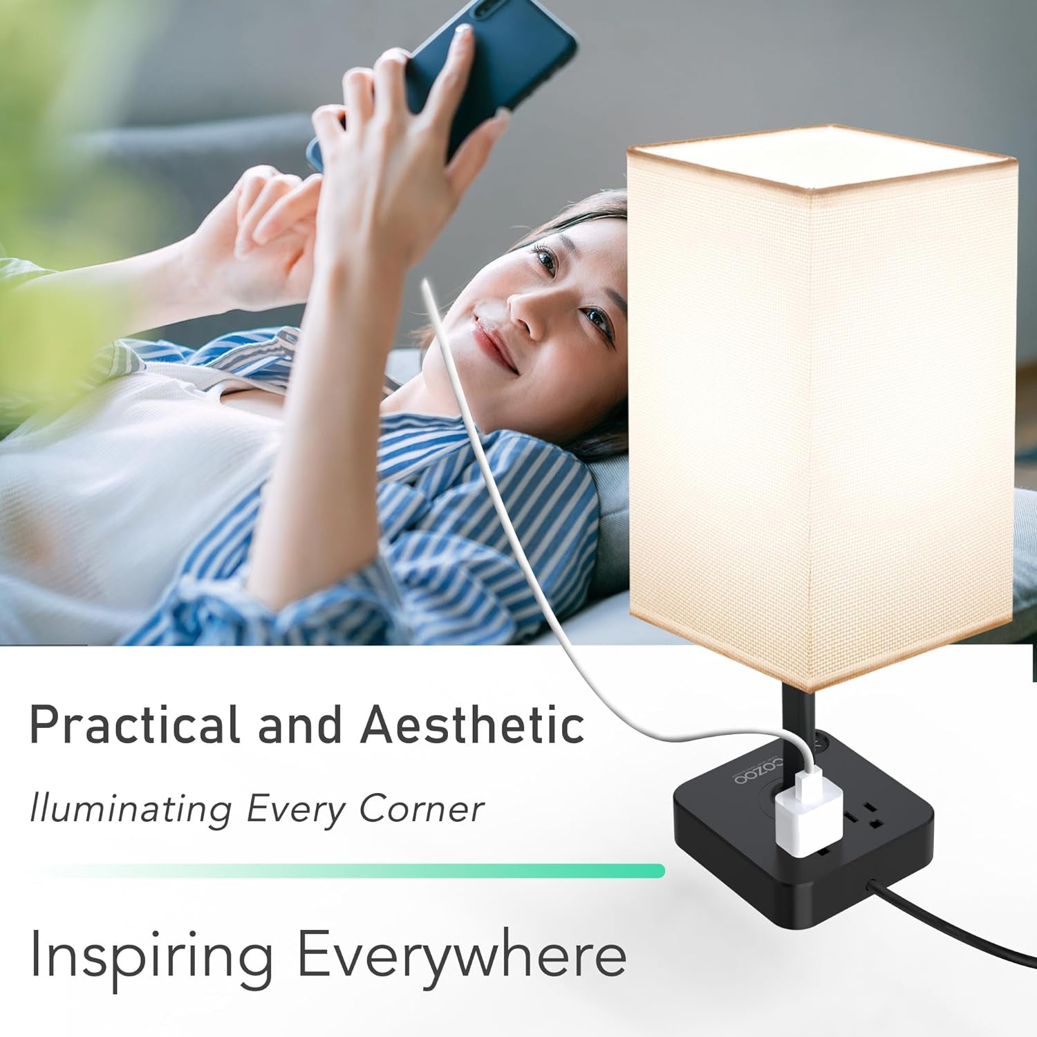PREMIA HOMES  Table Lamp Dimmable  USB Bedside Table Desk Lamp with 2 USB Charging Port(A+C) 2 Outlet,Nightstand Lamp with Charger Base White Fabric Shade,Led Touch Lamp for Bedroom/Livingroom/Dorm/Home Office