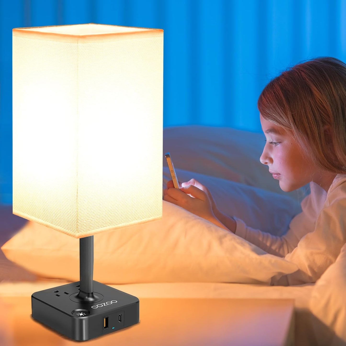 PREMIA HOMES  Table Lamp Dimmable  USB Bedside Table Desk Lamp with 2 USB Charging Port(A+C) 2 Outlet,Nightstand Lamp with Charger Base White Fabric Shade,Led Touch Lamp for Bedroom/Livingroom/Dorm/Home Office