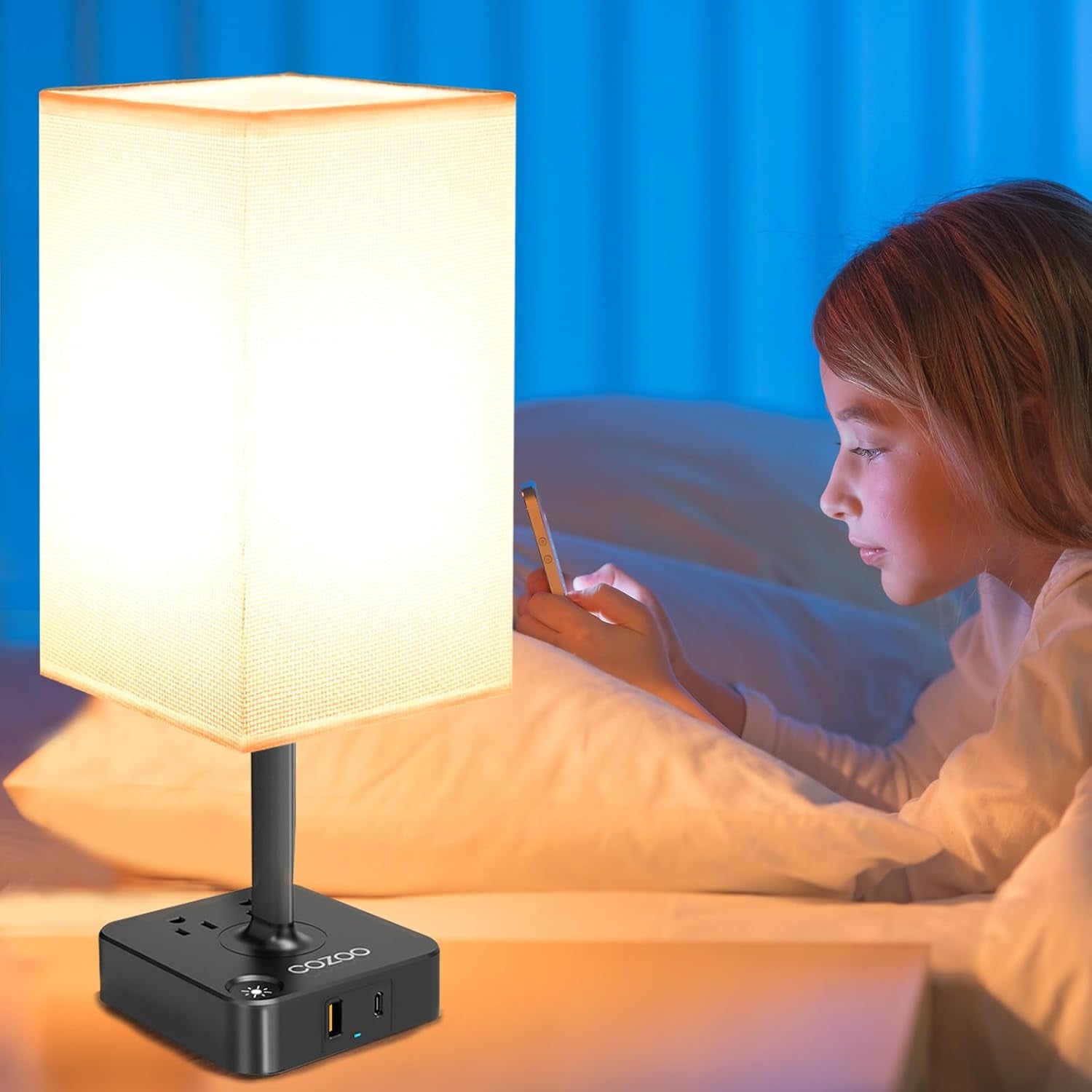 PREMIA HOMES  Table Lamp Dimmable  USB Bedside Table Desk Lamp with 2 USB Charging Port(A+C) 2 Outlet,Nightstand Lamp with Charger Base White Fabric Shade,Led Touch Lamp for Bedroom/Livingroom/Dorm/Home Office