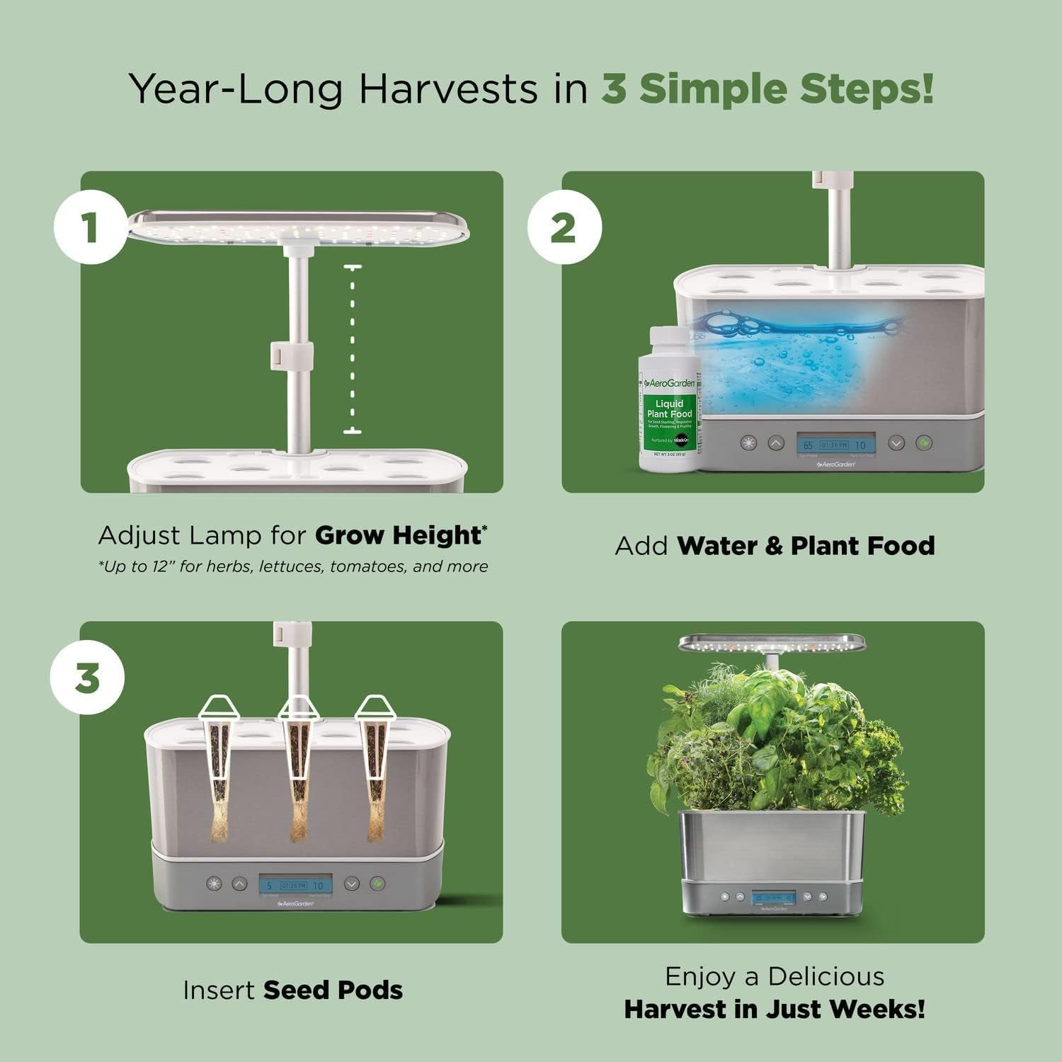 PREMIA HOMES Harvest Elite Indoor Garden Hydroponic System with LED Grow Light and Seed Kit, Holds up to 6 Pods, Stainless Steel