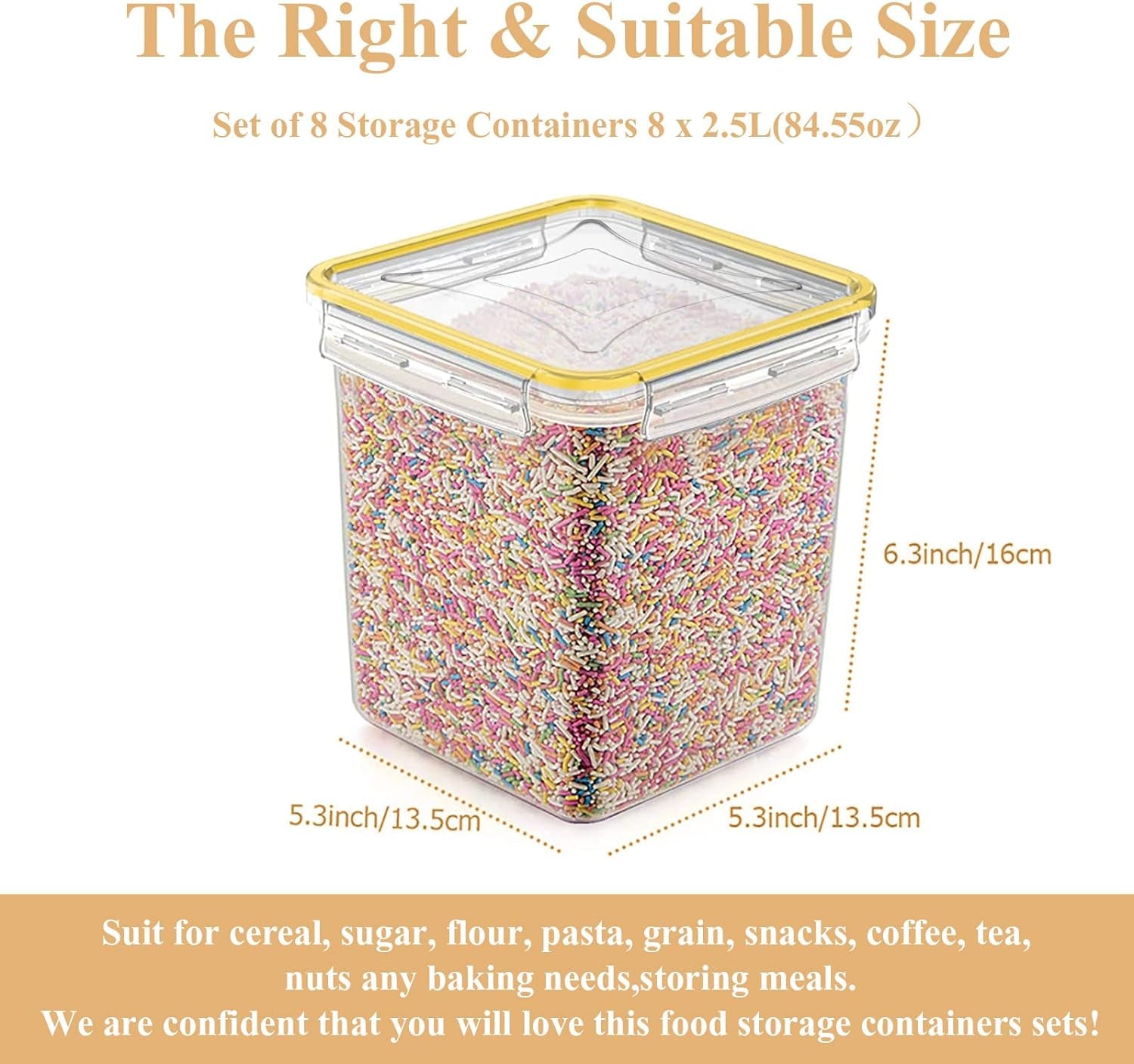 PREMIA HOMES Cereal Container Food Storage Containers, Set of 8 (2.5L/84.55Oz) Airtight Dry Food Storage Containers with Lids - BPA Free Plastic for Flour, Cereal and Pantry Storage Containers