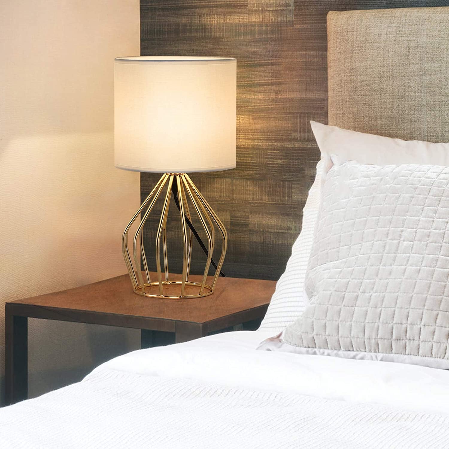 PREMIA HOMES Gold Table Lamp - Modern Style Desk Lamp with Hollowed Out Base Linen Fabric Shade, Small Golden Bedside Lamp for Bedrooms, Living Room