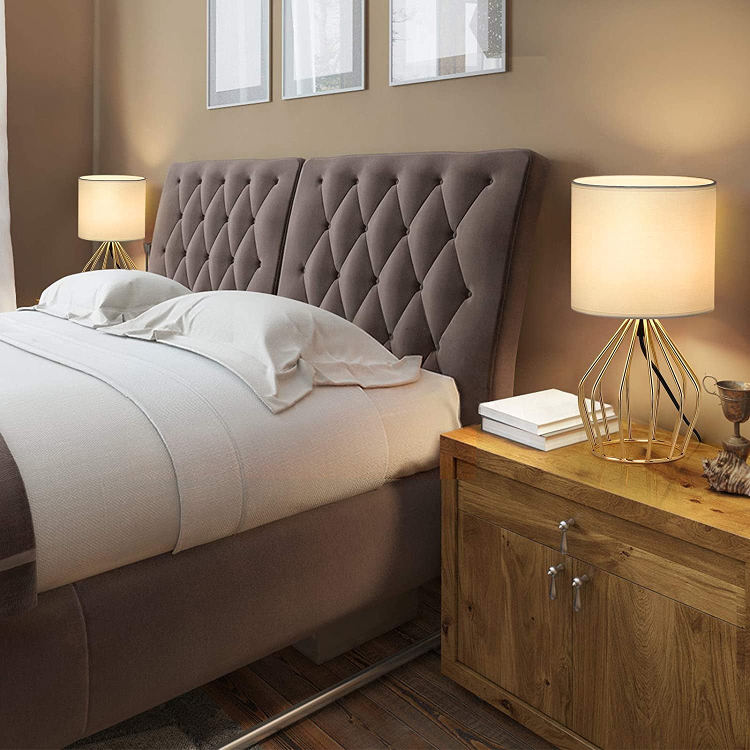 PREMIA HOMES Gold Table Lamp - Modern Style Desk Lamp with Hollowed Out Base Linen Fabric Shade, Small Golden Bedside Lamp for Bedrooms, Living Room