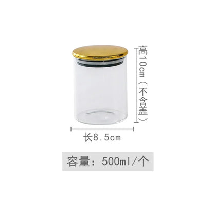 PREMIA HOMES Golden Transparent Glass Bottles, Candy Jars, Household Sealed Jars with Lids, Kitchen Food Storage Jars, Coffee Beans, Tea Jars