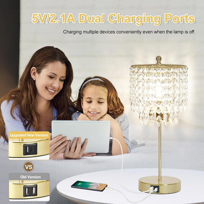 PREMIA HOMES Crystal Table Lamp Set of 2, 3-Way Dimmable Nightstand Lamp with 2 USB Charging Ports, Gold Bedside Lamp for Bedroom, Touch Lamp with Elegant Shade for Living Room, B11 LED Bulb Included