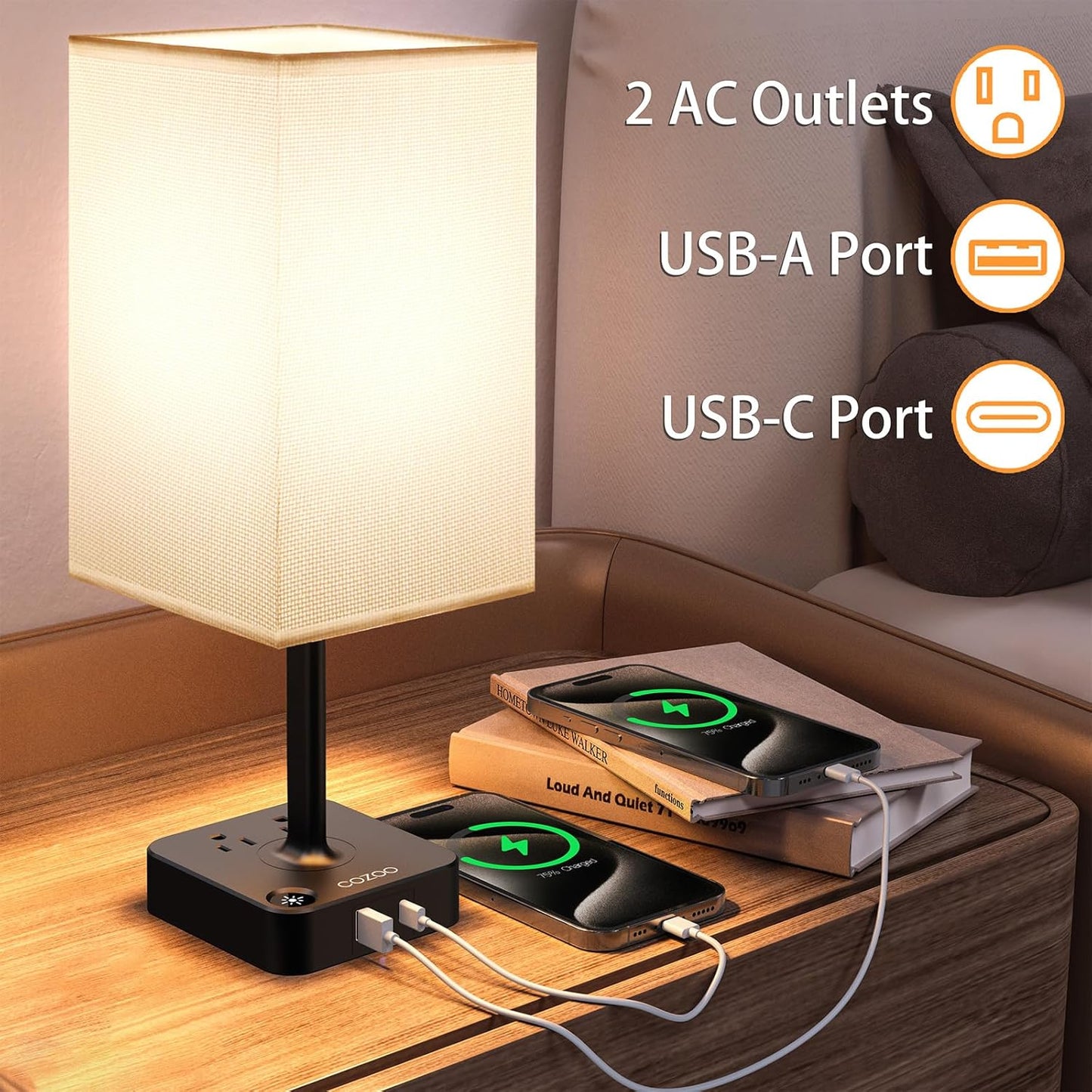 PREMIA HOMES  Table Lamp Dimmable  USB Bedside Table Desk Lamp with 2 USB Charging Port(A+C) 2 Outlet,Nightstand Lamp with Charger Base White Fabric Shade,Led Touch Lamp for Bedroom/Livingroom/Dorm/Home Office