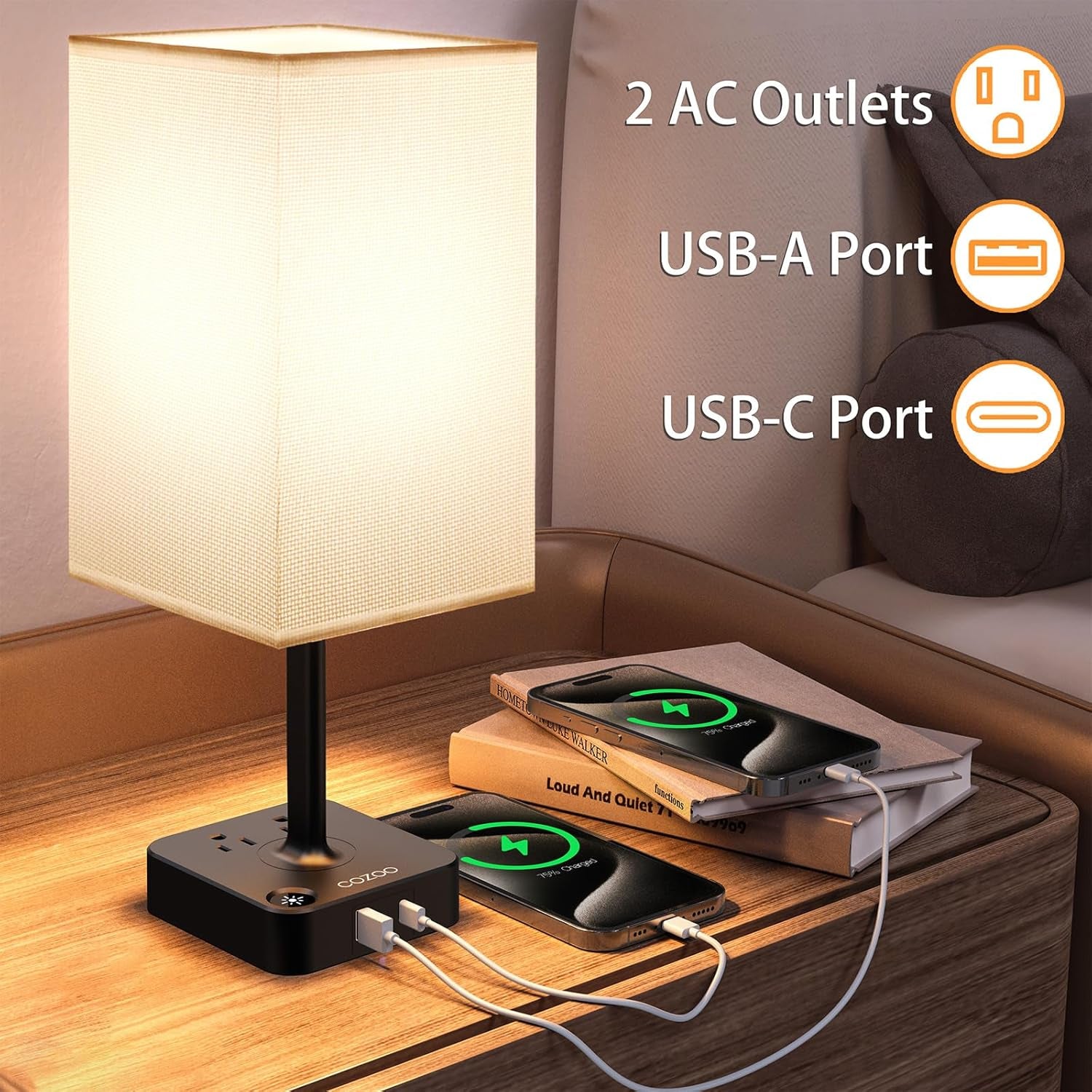 PREMIA HOMES  Table Lamp Dimmable  USB Bedside Table Desk Lamp with 2 USB Charging Port(A+C) 2 Outlet,Nightstand Lamp with Charger Base White Fabric Shade,Led Touch Lamp for Bedroom/Livingroom/Dorm/Home Office