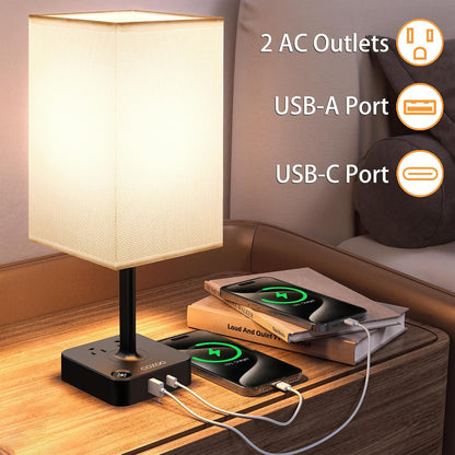 PREMIA HOMES  Table Lamp Dimmable  USB Bedside Table Desk Lamp with 2 USB Charging Port(A+C) 2 Outlet,Nightstand Lamp with Charger Base White Fabric Shade,Led Touch Lamp for Bedroom/Livingroom/Dorm/Home Office