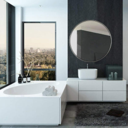 35 Inch round Bathroom Mirror - Brushed Silver Metal Frame - Elegant Wall Mounted for Bedroom, Entryway, and Living Spaces - round Mirrors for Wall Decor