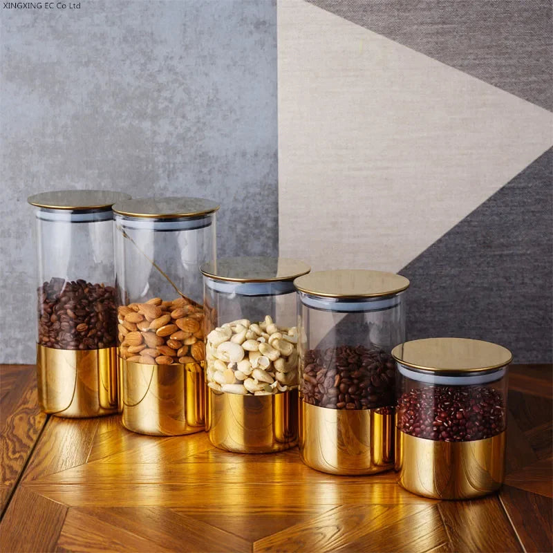 PREMIA HOMES Golden Transparent Glass Bottles, Candy Jars, Household Sealed Jars with Lids, Kitchen Food Storage Jars, Coffee Beans, Tea Jars