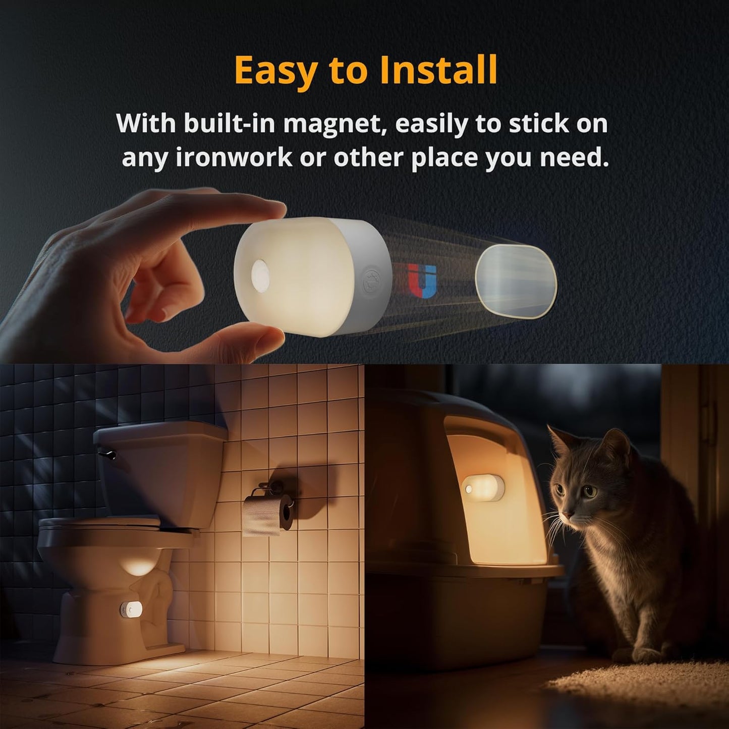 PREMIA HOMES Rechargeable Battery Night Light with Motion Sensor, Portable Mini Warm White LED Stick-On Closet Light, Adjustable Brightness for Bathroom, Bedroom, Kitchen, Cabinet, Stairs, Hallway, 2-Pack
