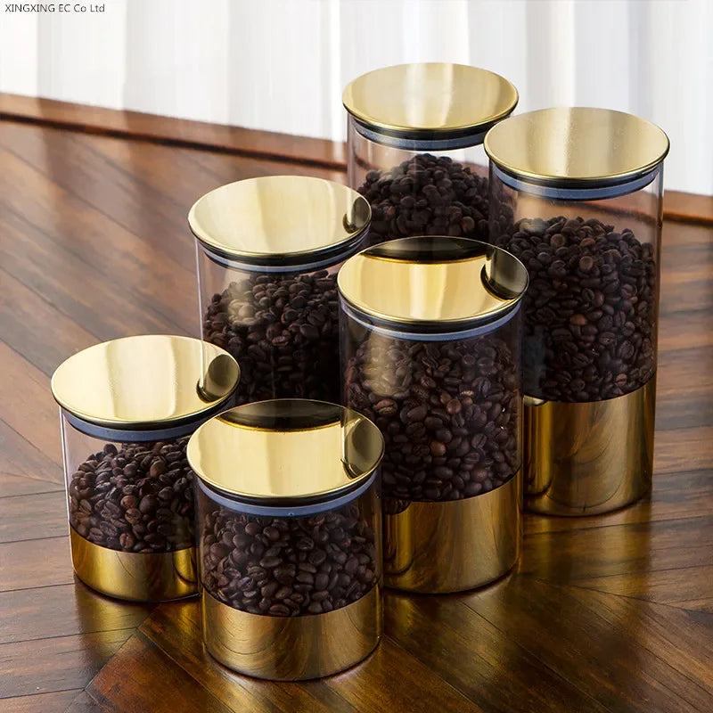 PREMIA HOMES Golden Transparent Glass Bottles, Candy Jars, Household Sealed Jars with Lids, Kitchen Food Storage Jars, Coffee Beans, Tea Jars