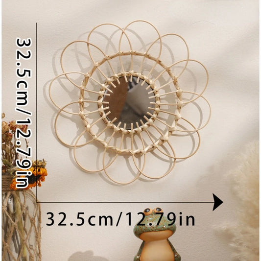 PREMIA HOMES Hanging Mirror Rattan Sunflower Circular Wall Decorative Mirror Decor Hand Woven Rattan Mirror Boho Home Decor Wall Decor Gift
