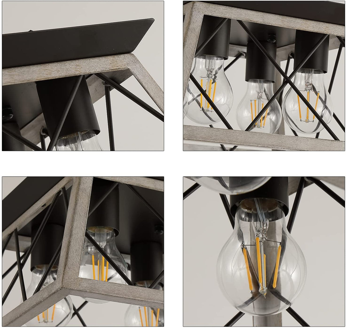 PREMIA HOMES Vintage Farmhouse Flush Mount Ceiling Light Fixture, 4-Light Oak White Semi-Flush Mount Lamp, Rustic Industrial Square Cage Ceiling Light for Dining Room Bedroom Entryway Hallway Kitchen