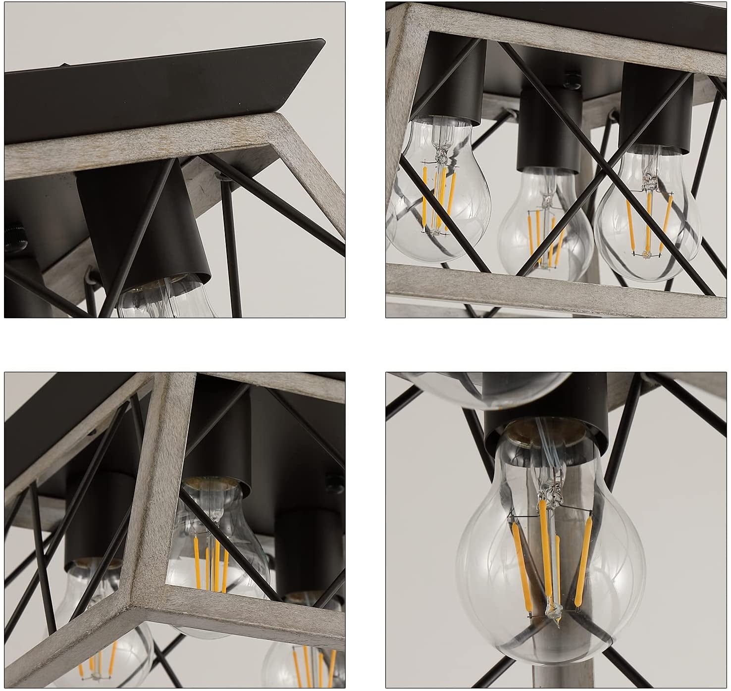 PREMIA HOMES Vintage Farmhouse Flush Mount Ceiling Light Fixture, 4-Light Oak White Semi-Flush Mount Lamp, Rustic Industrial Square Cage Ceiling Light for Dining Room Bedroom Entryway Hallway Kitchen