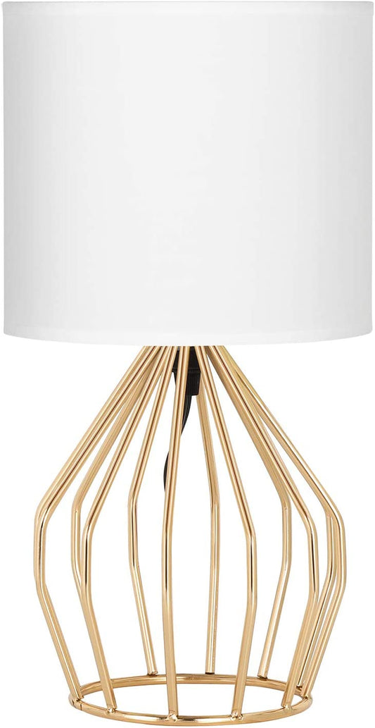 PREMIA HOMES Gold Table Lamp - Modern Style Desk Lamp with Hollowed Out Base Linen Fabric Shade, Small Golden Bedside Lamp for Bedrooms, Living Room