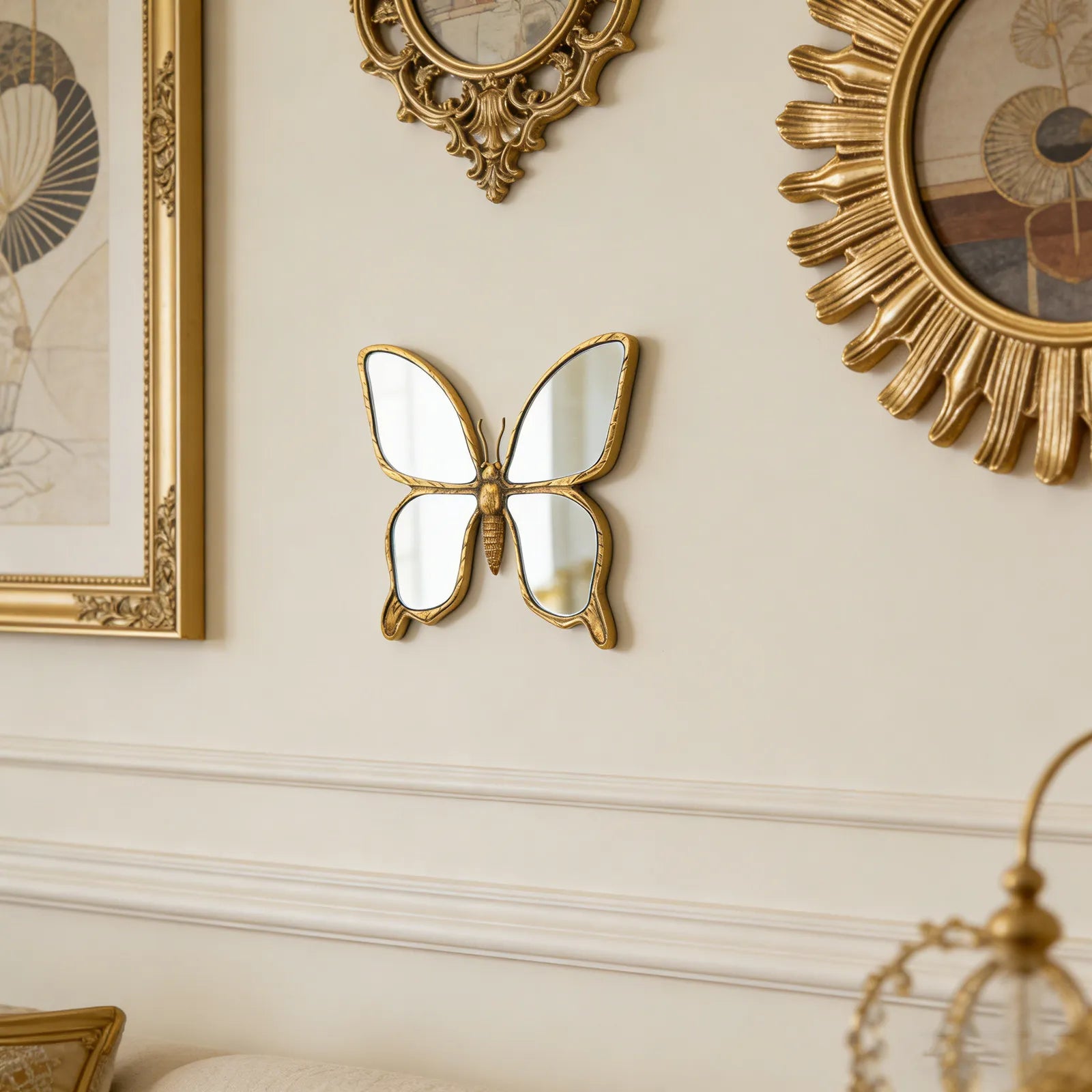 PREMIA HOOMES Decorative Butterfly Wall Mirror with Gold Resin Frame Wall Art Elegant Acrylic Mirror Decoration for Bedroom Living Room Decor
